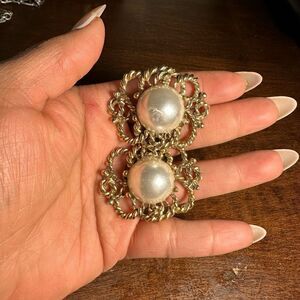 Vintage Signed MUSI Shoe Clips Pearlized Cabochon Gold Tone